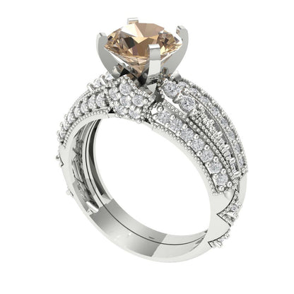 2.095 cttw Round Cut Yellow Moissanite Bridal Set - Solid White Gold Engagement Ring & Wedding Band