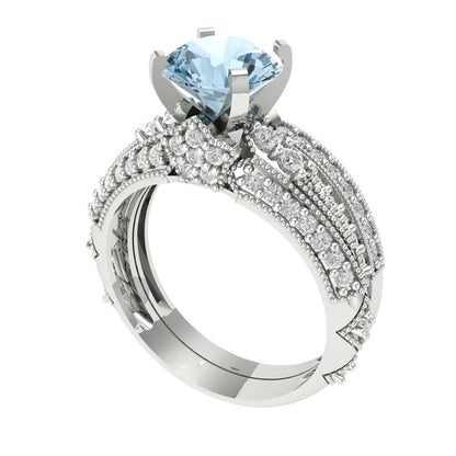 2.095 cttw Round Cut Simulated Blue Diamond Bridal Set - Solid White Gold Engagement Ring & Wedding Band