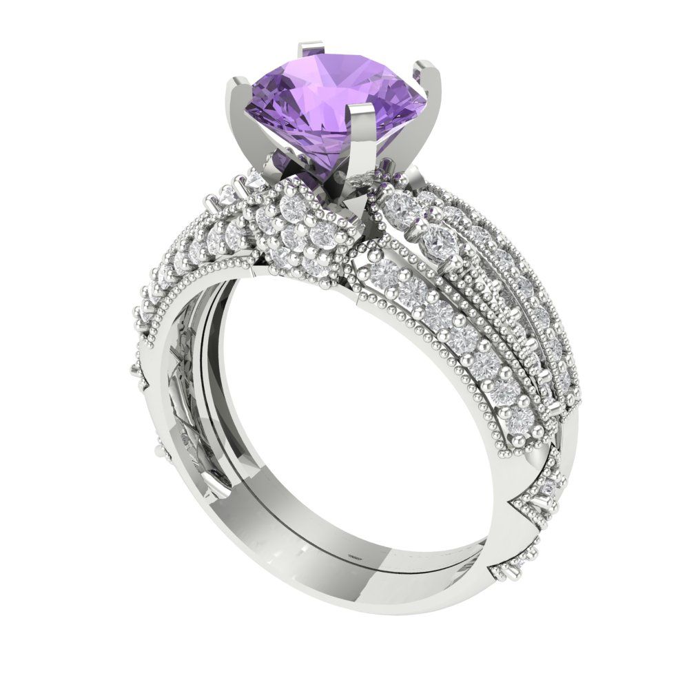 2.095 cttw Round Cut Simulated Alexandrite Bridal Set - Solid White Gold Engagement Ring & Wedding Band