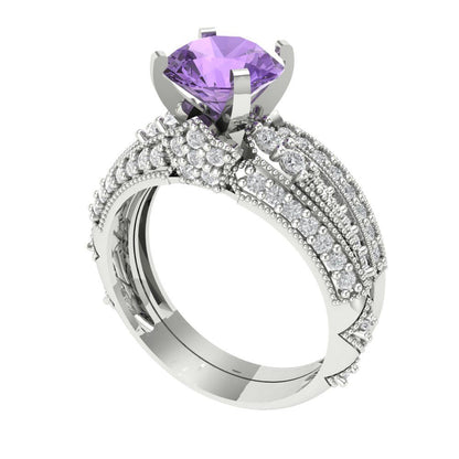2.095 cttw Round Cut Simulated Alexandrite Bridal Set - Solid White Gold Engagement Ring & Wedding Band