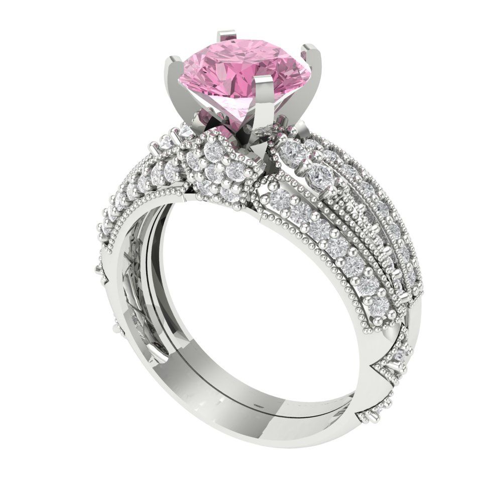 2.095 cttw Round Cut Simulated Pink Diamond Bridal Set - Solid White Gold Engagement Ring & Wedding Band