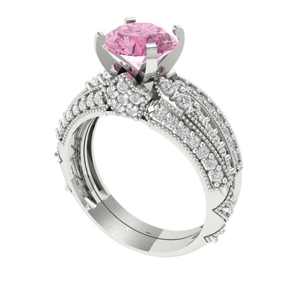 2.095 cttw Round Cut Simulated Pink Diamond Bridal Set - Solid White Gold Engagement Ring & Wedding Band