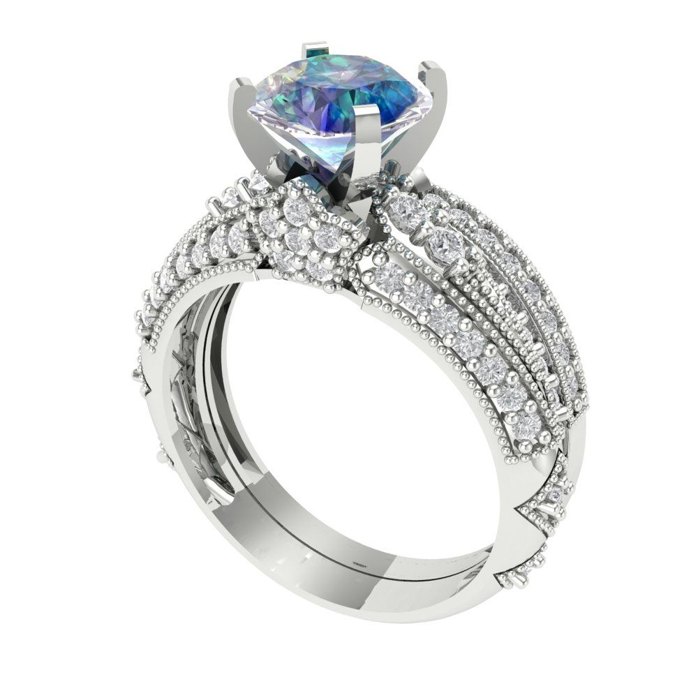 2.095 cttw Round Cut Blue Moissanite Bridal Set - Solid White Gold Engagement Ring & Wedding Band