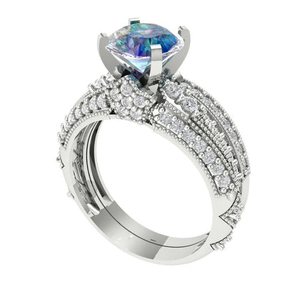 2.095 cttw Round Cut Blue Moissanite Bridal Set - Solid White Gold Engagement Ring & Wedding Band