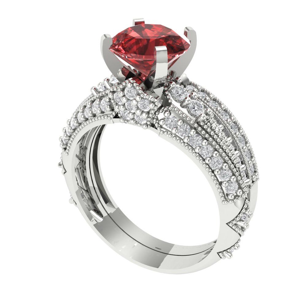 2.095 cttw Round Cut Natural Garnet Bridal Set - Solid White Gold Engagement Ring & Wedding Band