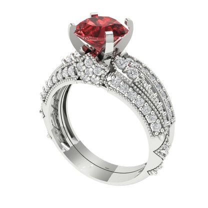 2.095 cttw Round Cut Natural Garnet Bridal Set - Solid White Gold Engagement Ring & Wedding Band