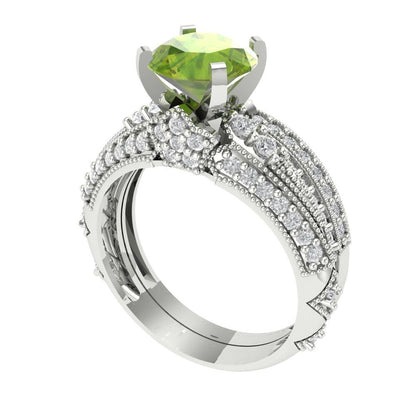2.095 cttw Round Cut Natural Peridot Bridal Set - Solid White Gold Engagement Ring & Wedding Band