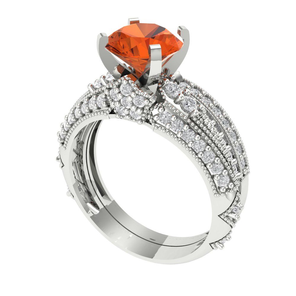 2.095 cttw Round Cut Simulated Red Diamond Bridal Set - Solid White Gold Engagement Ring & Wedding Band