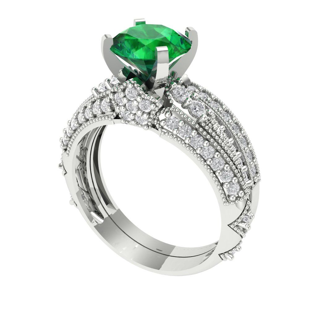 2.095 cttw Round Cut Simulated Emerald Bridal Set - Solid White Gold Engagement Ring & Wedding Band