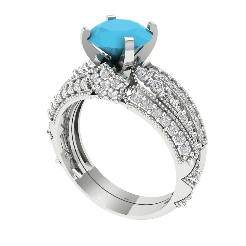 2.095 cttw Round Cut Simulated Turquoise Bridal Set - Solid White Gold Engagement Ring & Wedding Band