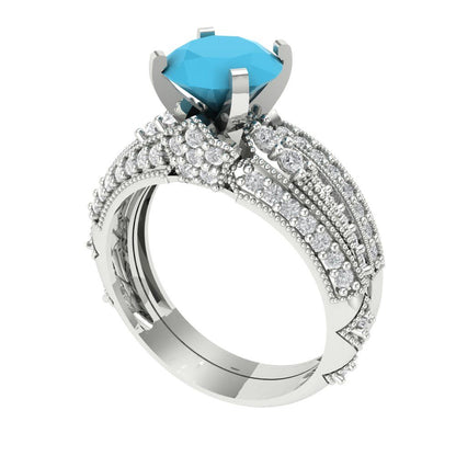 2.095 cttw Round Cut Simulated Turquoise Bridal Set - Solid White Gold Engagement Ring & Wedding Band