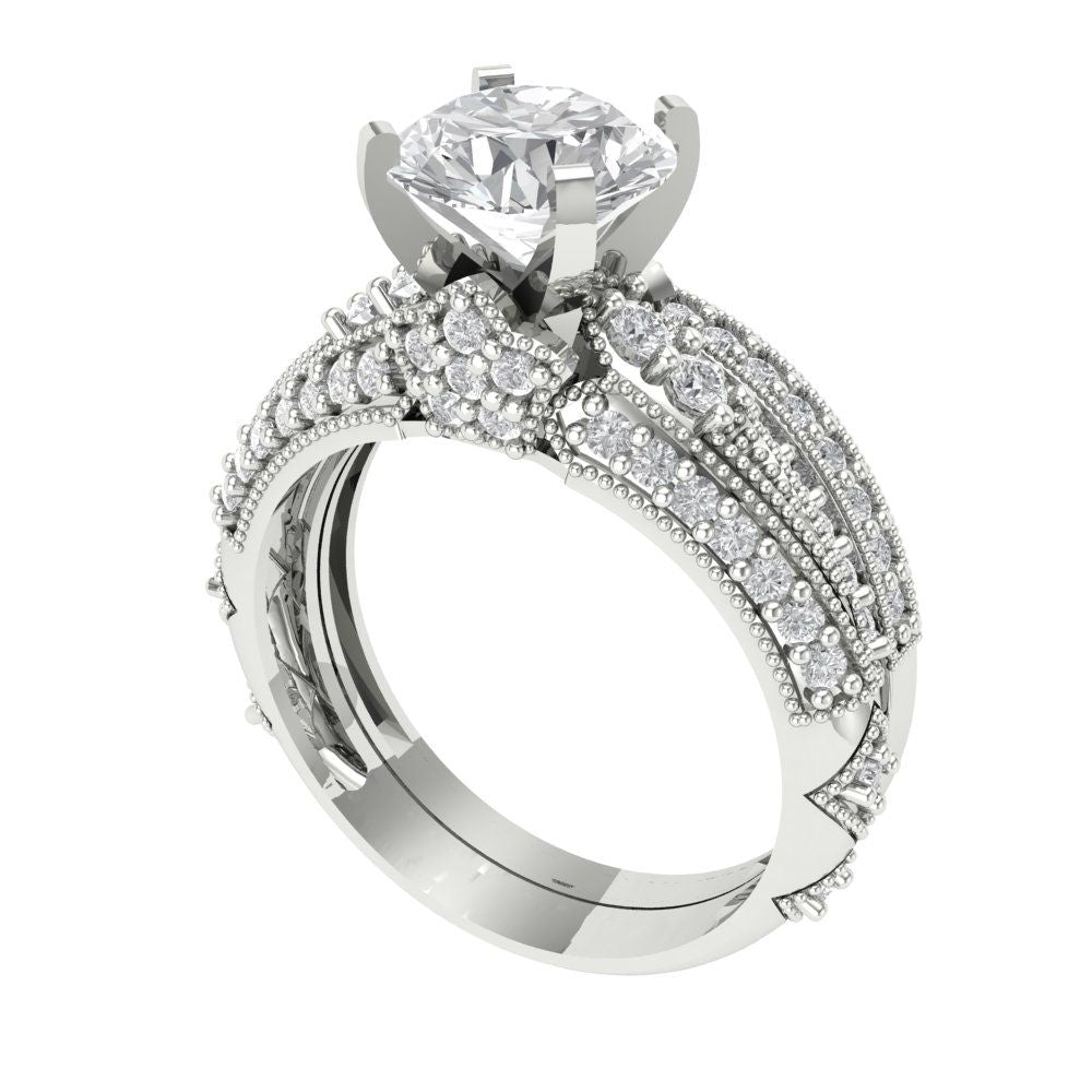 2.095 cttw Round Cut Moissanite Bridal Set - Solid White Gold Engagement Ring & Wedding Band