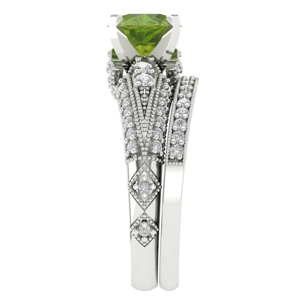 2.095 cttw Round Cut Natural Peridot Bridal Set - Solid White Gold Engagement Ring & Wedding Band