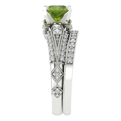 2.095 cttw Round Cut Natural Peridot Bridal Set - Solid White Gold Engagement Ring & Wedding Band