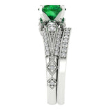 1.99 ct Brilliant Round Cut Simulated Emerald Stone White Gold Solitaire with Accents Bridal Set