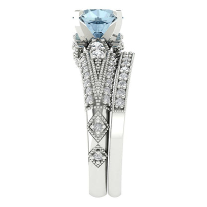 2.095 cttw Round Cut Natural Sky Blue Topaz Bridal Set - Solid White Gold Engagement Ring & Wedding Band