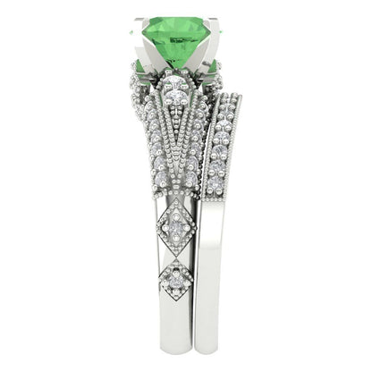 2.095 cttw Round Cut Simulated Green Diamond Bridal Set - Solid White Gold Engagement Ring & Wedding Band