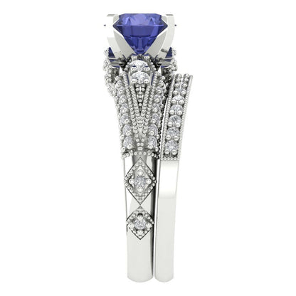 2.095 cttw Round Cut Simulated Tanzanite Bridal Set - Solid White Gold Engagement Ring & Wedding Band