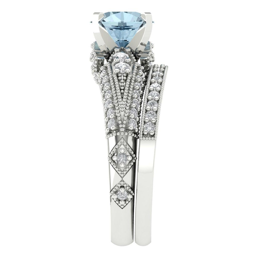 2.095 cttw Round Cut Simulated Blue Diamond Bridal Set - Solid White Gold Engagement Ring & Wedding Band