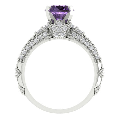 2.095 cttw Round Cut Simulated Alexandrite Bridal Set - Solid White Gold Engagement Ring & Wedding Band
