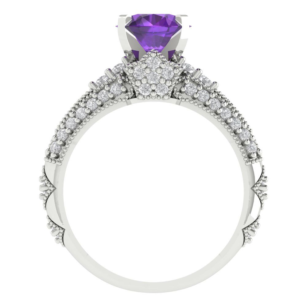 2.095 cttw Round Cut Natural Amethyst Bridal Set - Solid White Gold Engagement Ring & Wedding Band