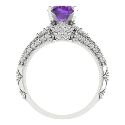 2.095 cttw Round Cut Natural Amethyst Bridal Set - Solid White Gold Engagement Ring & Wedding Band