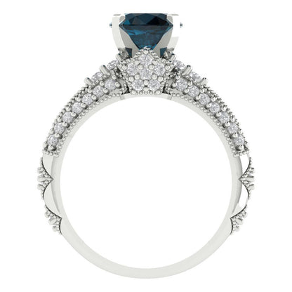 2.095 cttw Round Cut Natural London Blue Topaz Bridal Set - Solid White Gold Engagement Ring & Wedding Band