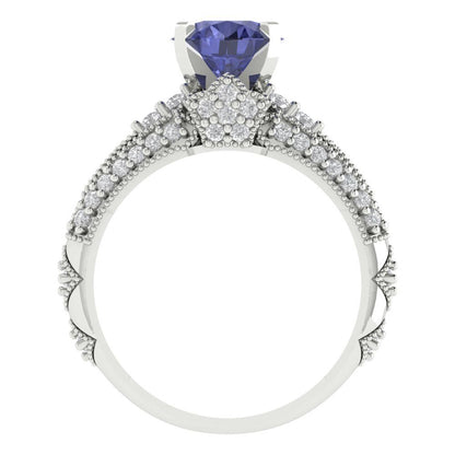 2.095 cttw Round Cut Simulated Tanzanite Bridal Set - Solid White Gold Engagement Ring & Wedding Band
