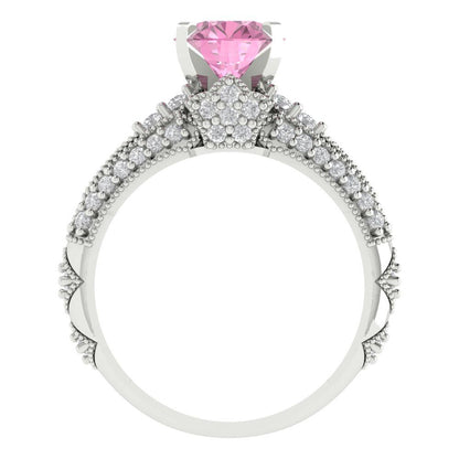 2.095 cttw Round Cut Simulated Pink Diamond Bridal Set - Solid White Gold Engagement Ring & Wedding Band