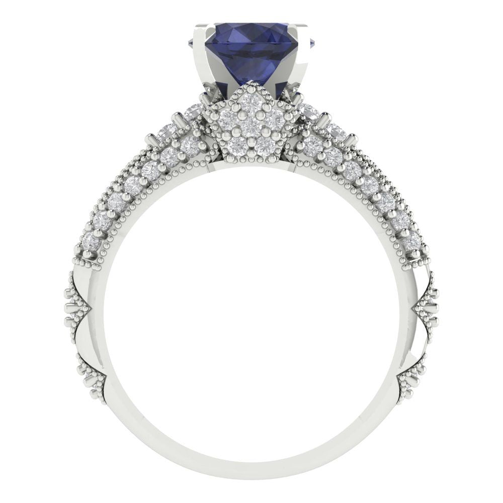 2.095 cttw Round Cut Simulated Blue Sapphire Bridal Set - Solid White Gold Engagement Ring & Wedding Band