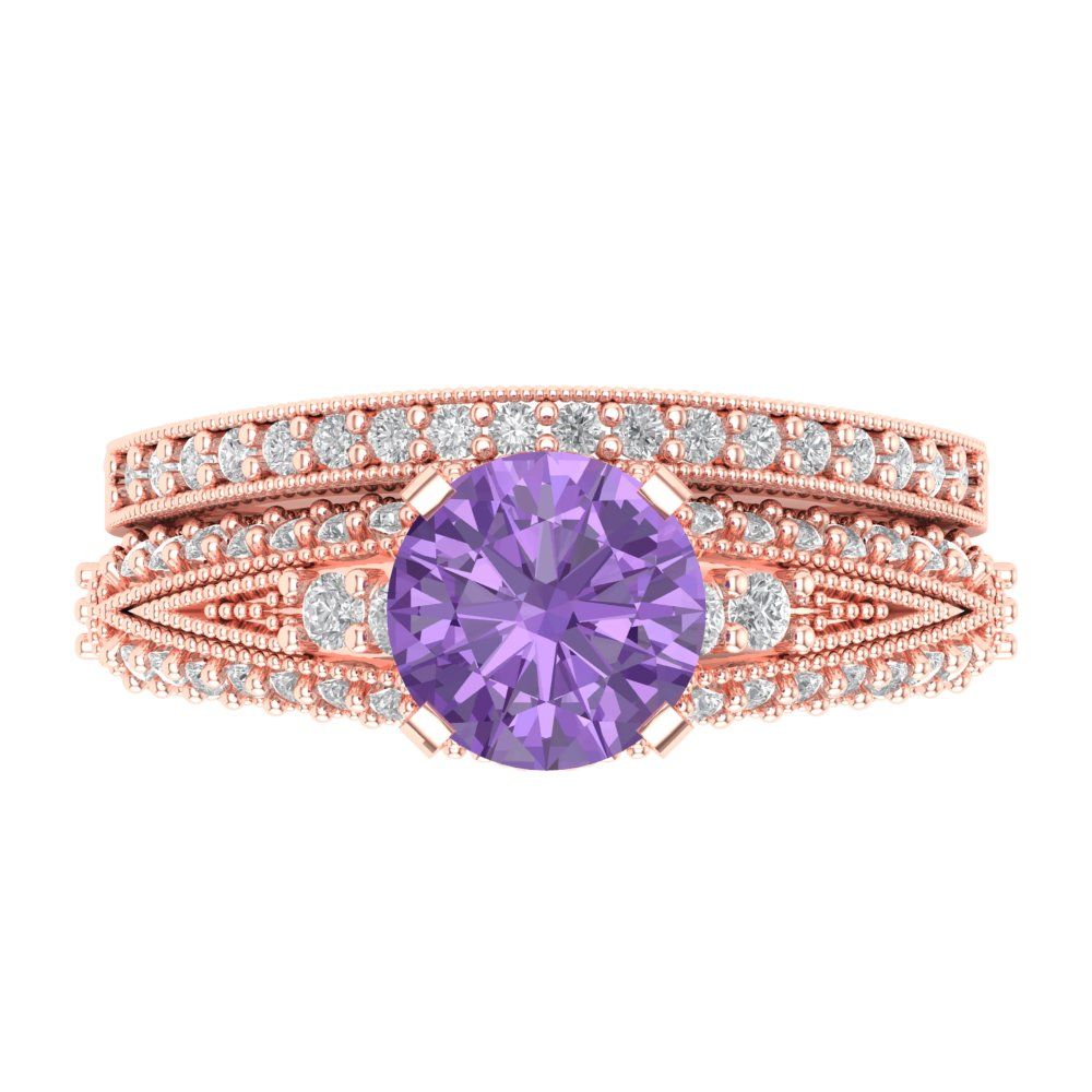 2.095 cttw Round Cut Simulated Alexandrite Bridal Set - Solid Rose Gold Engagement Ring & Wedding Band