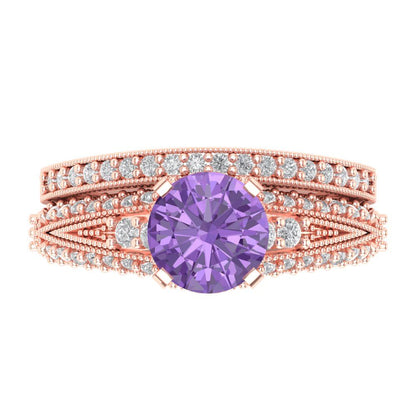 2.095 cttw Round Cut Simulated Alexandrite Bridal Set - Solid Rose Gold Engagement Ring & Wedding Band