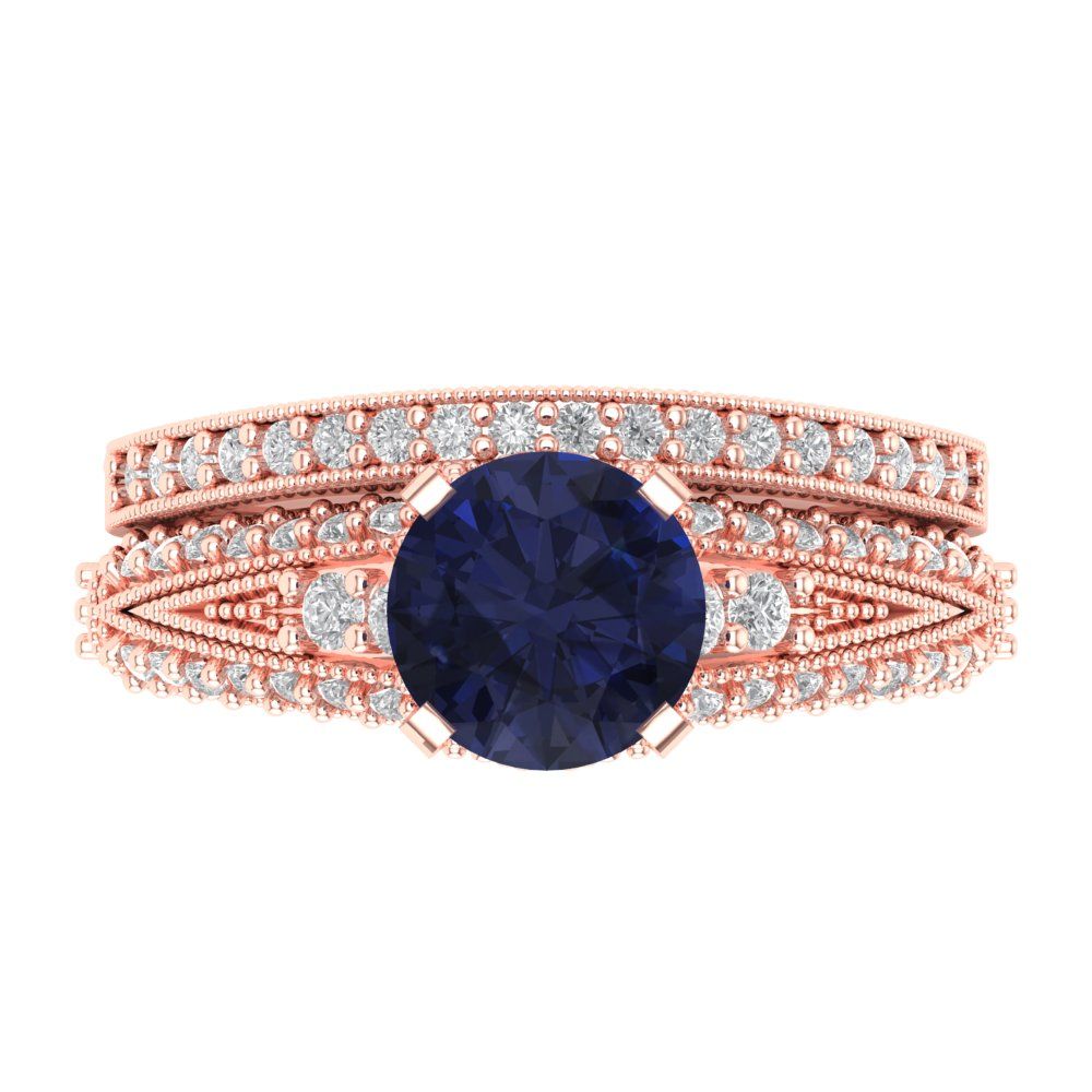 2.095 cttw Round Cut Simulated Blue Sapphire Bridal Set - Solid Rose Gold Engagement Ring & Wedding Band