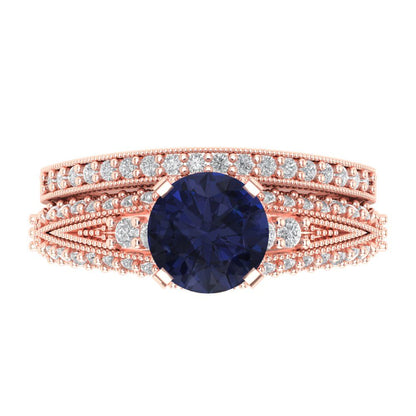 2.095 cttw Round Cut Simulated Blue Sapphire Bridal Set - Solid Rose Gold Engagement Ring & Wedding Band