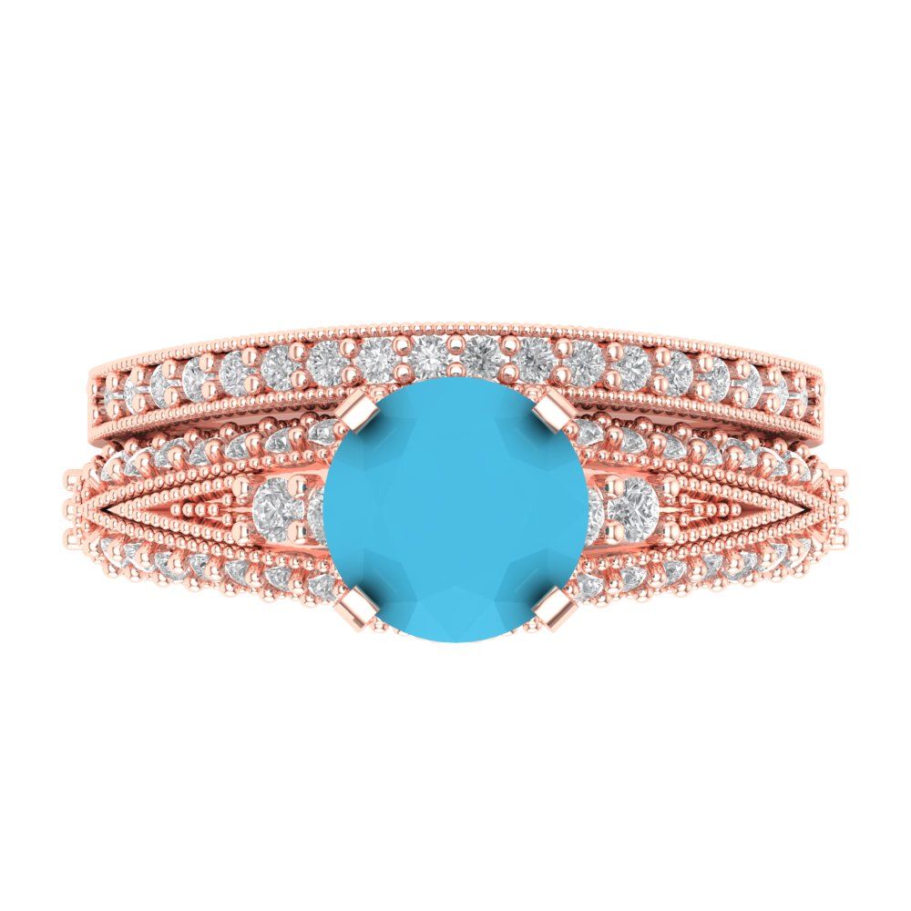 2.095 cttw Round Cut Simulated Turquoise Bridal Set - Solid Rose Gold Engagement Ring & Wedding Band