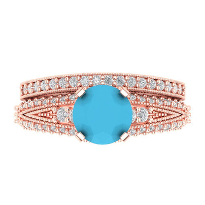 2.095 cttw Round Cut Simulated Turquoise Bridal Set - Solid Rose Gold Engagement Ring & Wedding Band