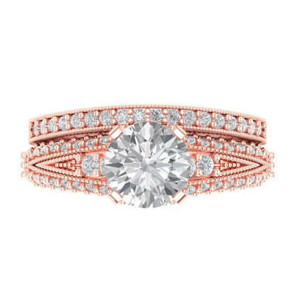 2.095 cttw Round Cut Moissanite Bridal Set - Solid Rose Gold Engagement Ring & Wedding Band