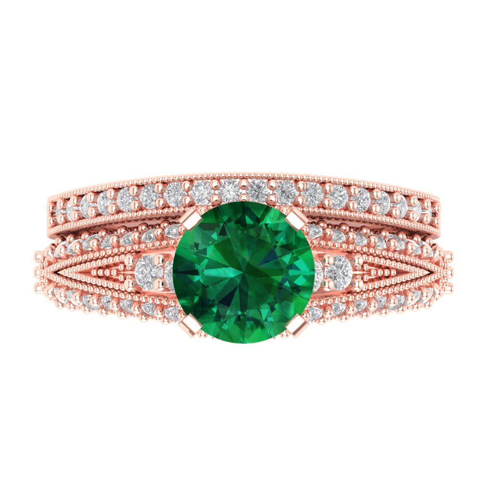 2.095 cttw Round Cut Simulated Emerald Bridal Set - Solid Rose Gold Engagement Ring & Wedding Band