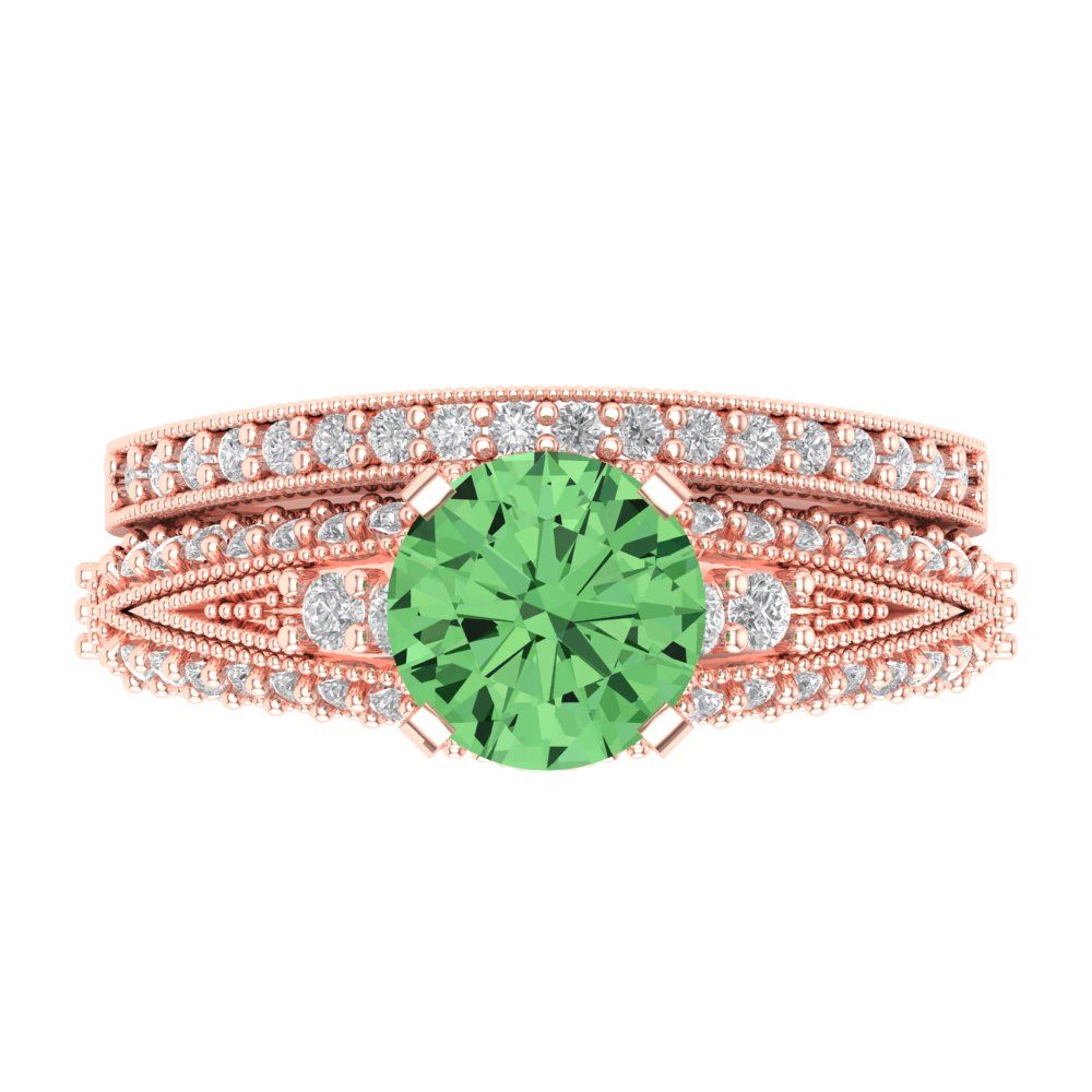 2.095 cttw Round Cut Simulated Green Diamond Bridal Set - Solid Rose Gold Engagement Ring & Wedding Band
