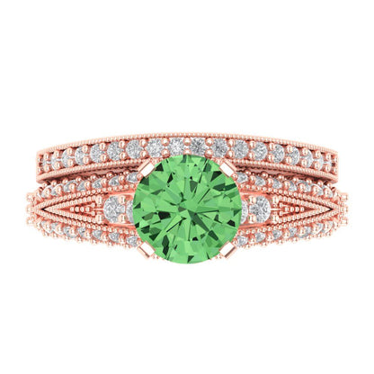 2.095 cttw Round Cut Simulated Green Diamond Bridal Set - Solid Rose Gold Engagement Ring & Wedding Band