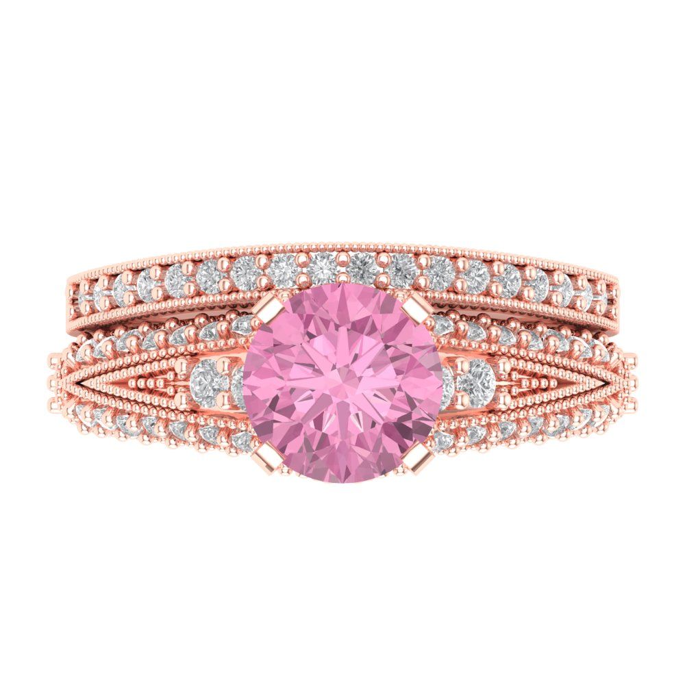 2.095 cttw Round Cut Simulated Pink Diamond Bridal Set - Solid Rose Gold Engagement Ring & Wedding Band