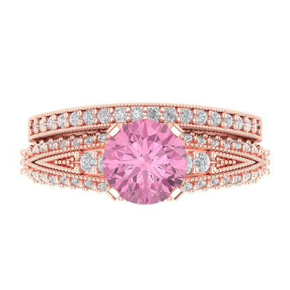 2.095 cttw Round Cut Simulated Pink Diamond Bridal Set - Solid Rose Gold Engagement Ring & Wedding Band