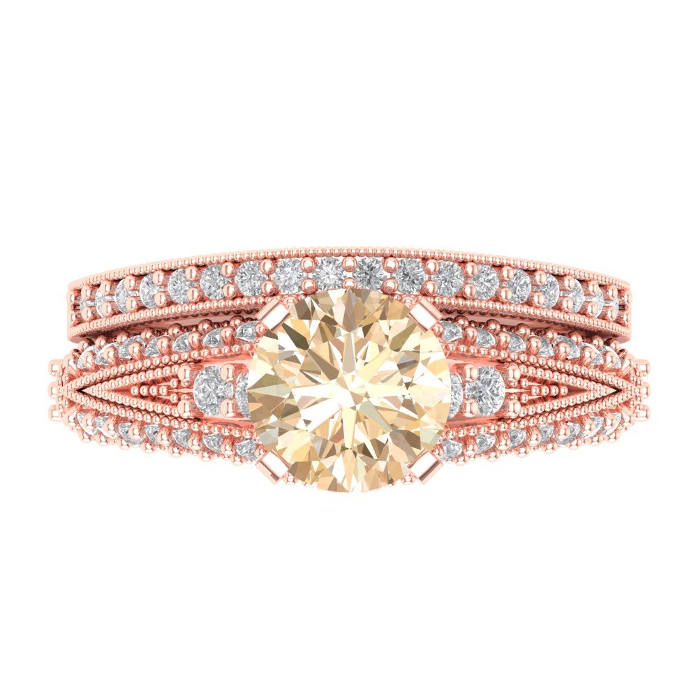 2.095 cttw Round Cut Natural Morganite Bridal Set - Solid Rose Gold Engagement Ring & Wedding Band