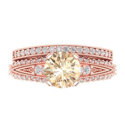 2.095 cttw Round Cut Natural Morganite Bridal Set - Solid Rose Gold Engagement Ring & Wedding Band