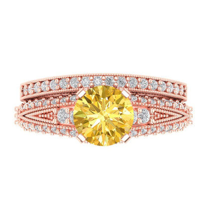 2.095 cttw Round Cut Simulated Yellow Diamond Bridal Set - Solid Rose Gold Engagement Ring & Wedding Band
