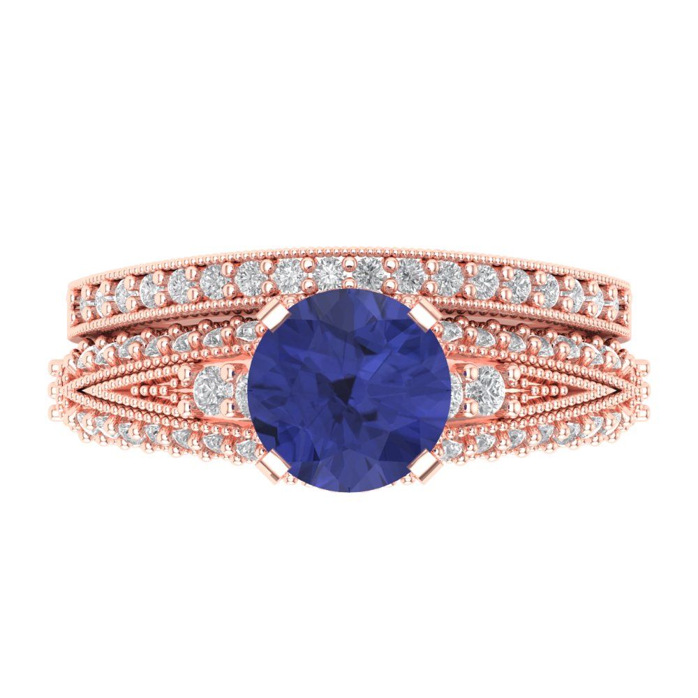 2.095 cttw Round Cut Simulated Tanzanite Bridal Set - Solid Rose Gold Engagement Ring & Wedding Band