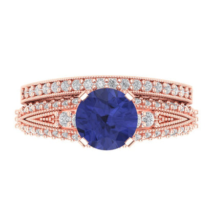 2.095 cttw Round Cut Simulated Tanzanite Bridal Set - Solid Rose Gold Engagement Ring & Wedding Band