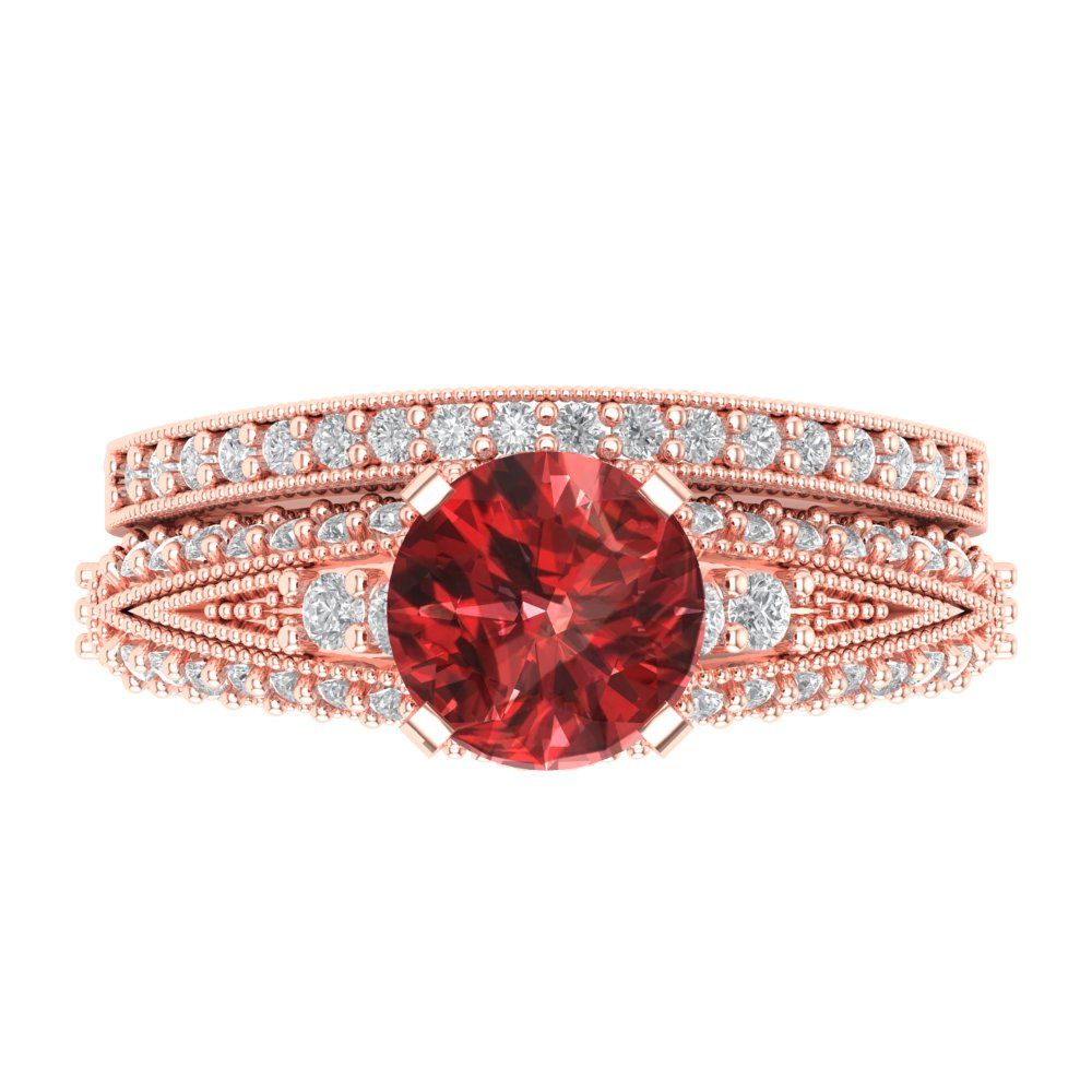 2.095 cttw Round Cut Natural Garnet Bridal Set - Solid Rose Gold Engagement Ring & Wedding Band
