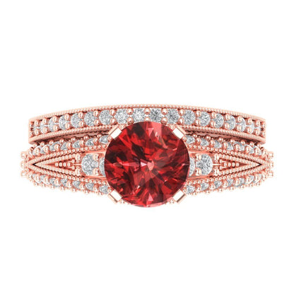 2.095 cttw Round Cut Natural Garnet Bridal Set - Solid Rose Gold Engagement Ring & Wedding Band