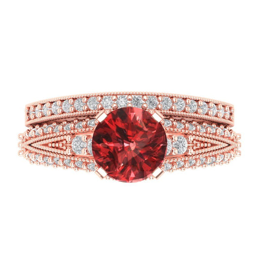 2.095 cttw Round Cut Natural Garnet Bridal Set - Solid Rose Gold Engagement Ring & Wedding Band